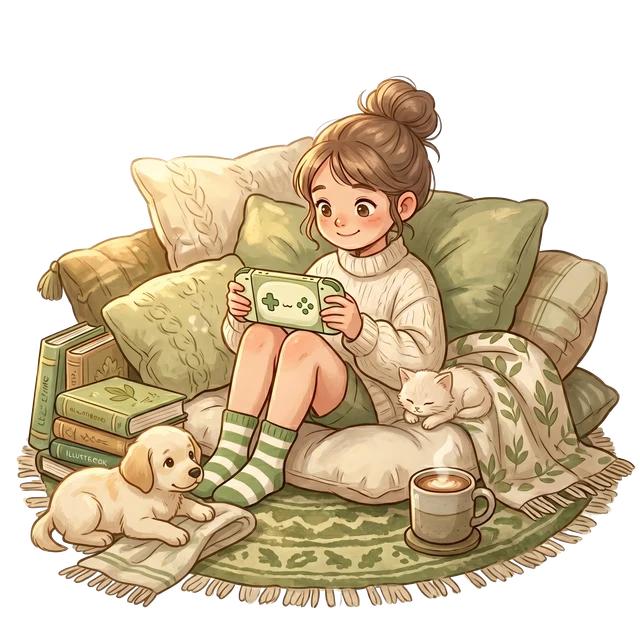 Illustration of a cozy fantasy gaming world — warm light, soft nature, and peaceful adventure