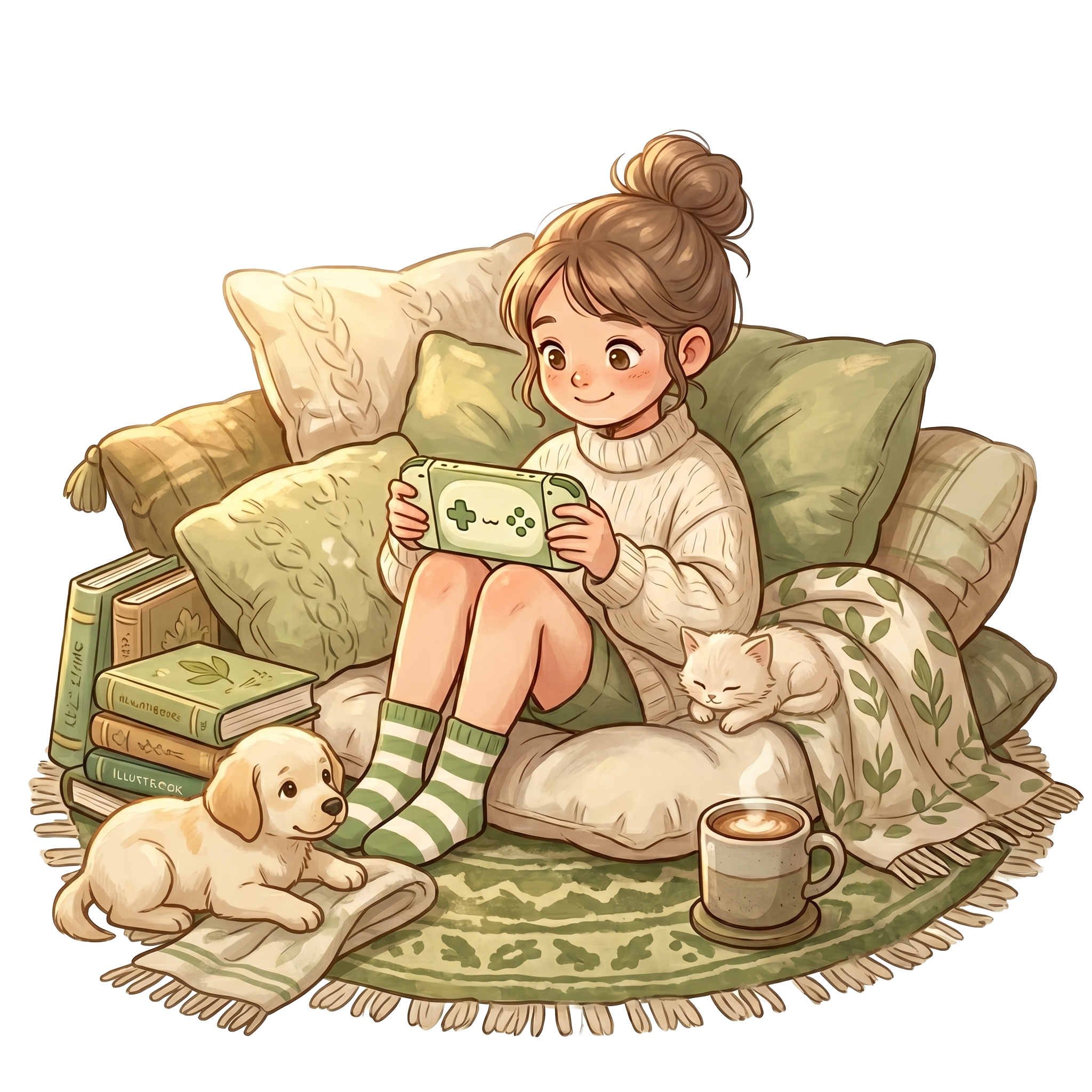 Illustration of a cozy fantasy gaming world — warm light, soft nature, and peaceful adventure